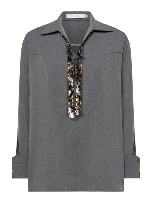 Tunic with embroidered neckline in transition fabric