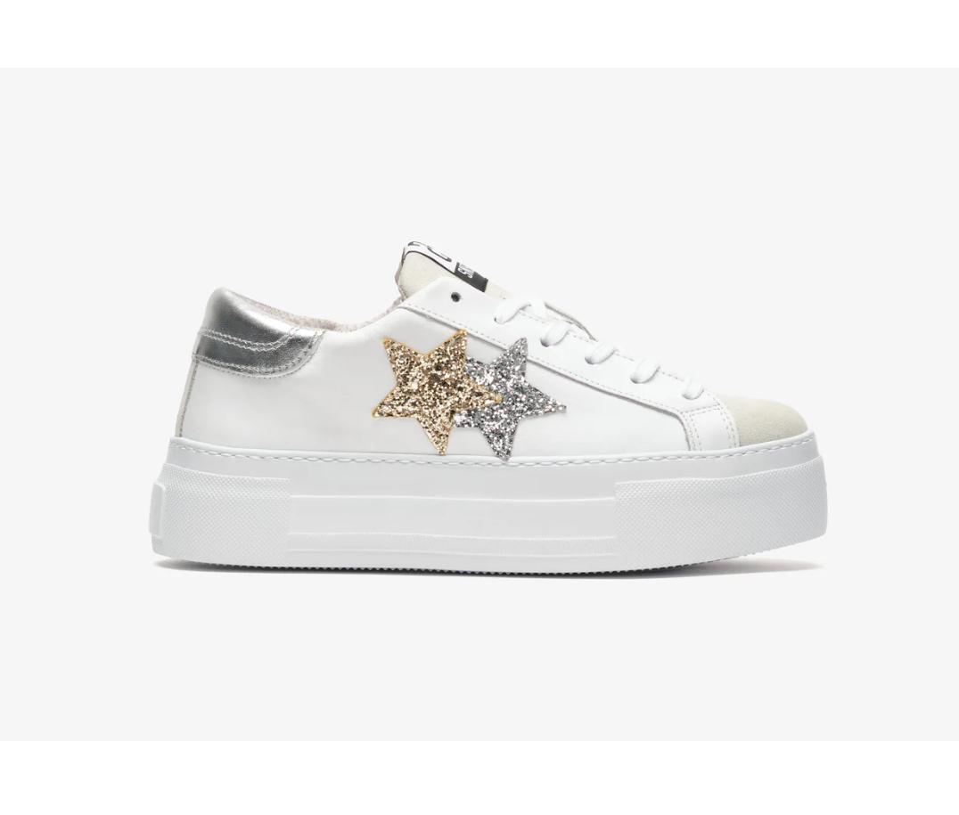 SNEAKER PRIME STAR PLAT IN PELLE BIANCA CON DETTAGLI GLITTER ORO ED ARGENTATI