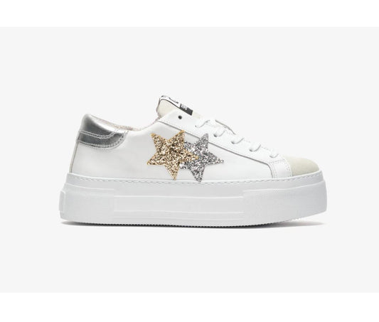 SNEAKER PRIME STAR PLAT IN PELLE BIANCA CON DETTAGLI GLITTER ORO ED ARGENTATI