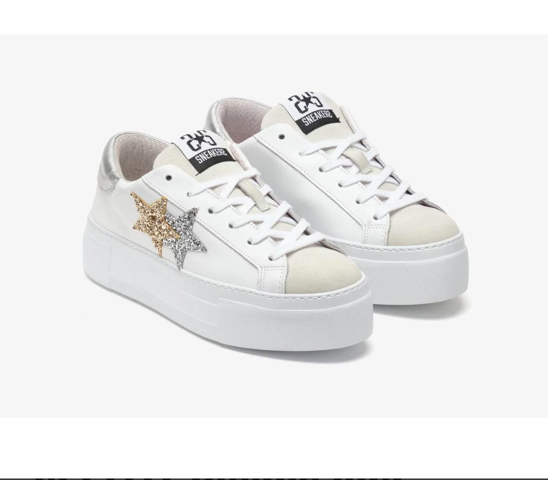 SNEAKER PRIME STAR PLAT IN PELLE BIANCA CON DETTAGLI GLITTER ORO ED ARGENTATI