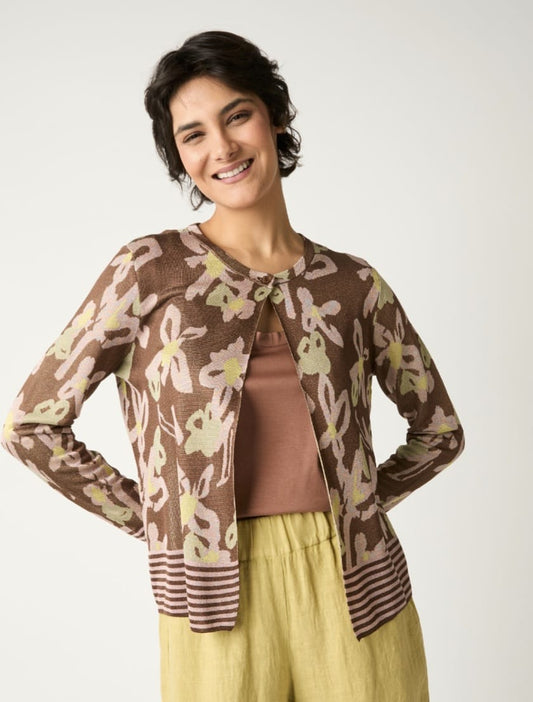 Cardigan jacquard con collo a giro rame